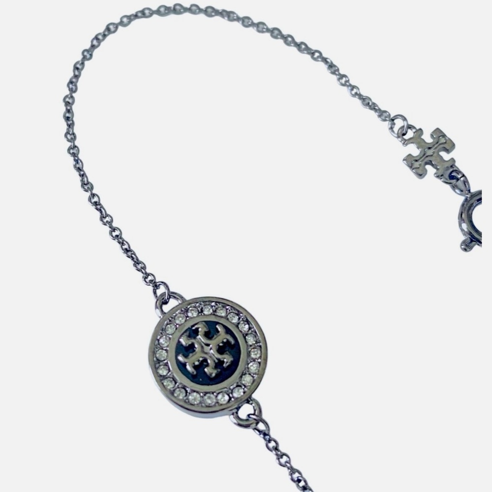 NEW Tory Burch Kira Gun Metal Pave & Enamel Pendant Bracelet Rtl $175